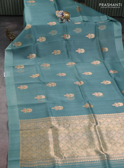 Banarasi organza silk saree pastel grey with zari woven buttas and simple border