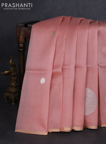 Banarasi organza silk saree pastel pink with rudraksha silver & gold zari woven buttas and zari woven border