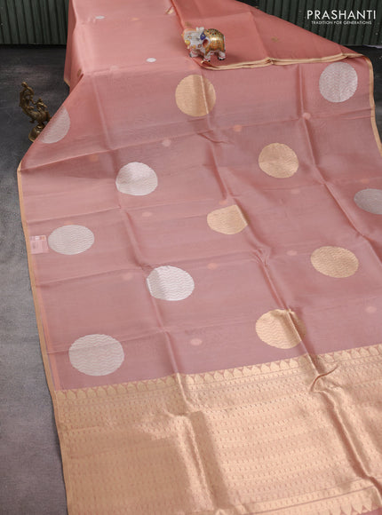 Banarasi organza silk saree pastel pink with rudraksha silver & gold zari woven buttas and zari woven border