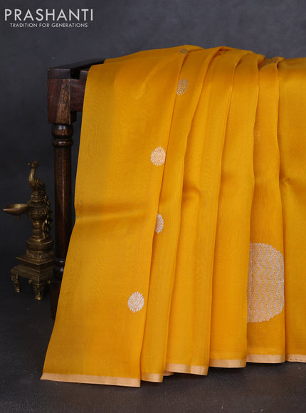 Banarasi organza silk saree yellow with rudraksha silver & gold zari woven buttas and zari woven border