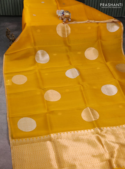 Banarasi organza silk saree yellow with rudraksha silver & gold zari woven buttas and zari woven border