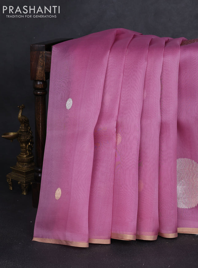 Banarasi organza silk saree peach pink with rudraksha silver & gold zari woven buttas and zari woven border