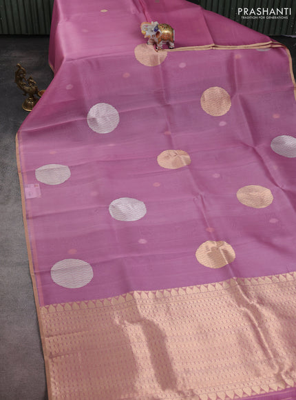 Banarasi organza silk saree peach pink with rudraksha silver & gold zari woven buttas and zari woven border
