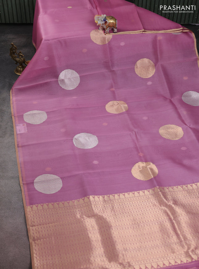 Banarasi organza silk saree peach pink with rudraksha silver & gold zari woven buttas and zari woven border
