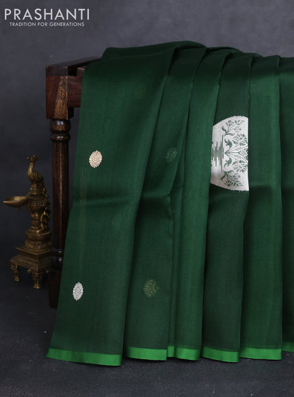 Banarasi organza silk saree bottle green with rudraksha silver & gold zari woven buttas and simple border