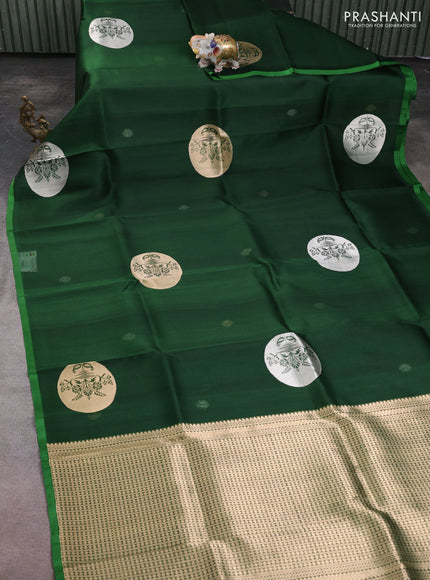 Banarasi organza silk saree bottle green with rudraksha silver & gold zari woven buttas and simple border
