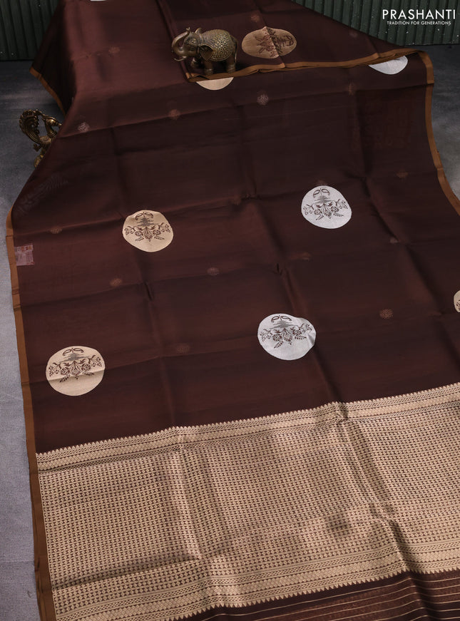 Banarasi organza silk saree coffee brown with zari woven buttas and piping border