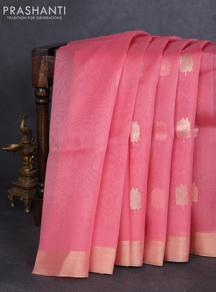 Banarasi organza silk saree peach pink with zari woven buttas and zari woven border