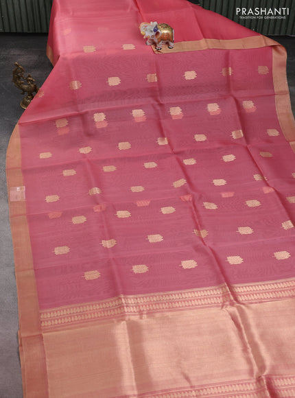 Banarasi organza silk saree peach pink with zari woven buttas and zari woven border