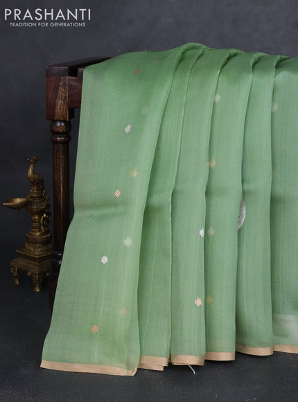 Banarasi organza silk saree green with rudraksha silver & gold zari woven buttas and zari woven border