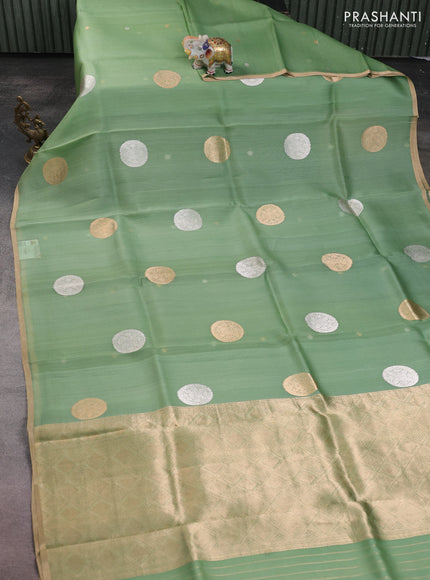 Banarasi organza silk saree green with rudraksha silver & gold zari woven buttas and zari woven border