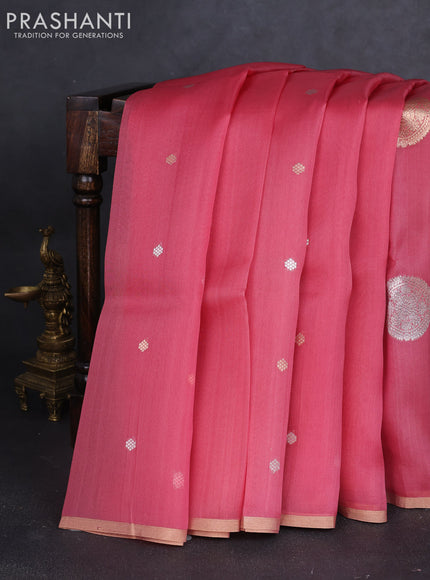 Banarasi organza silk saree peach pink with rudraksha silver & gold zari woven buttas and zari woven border