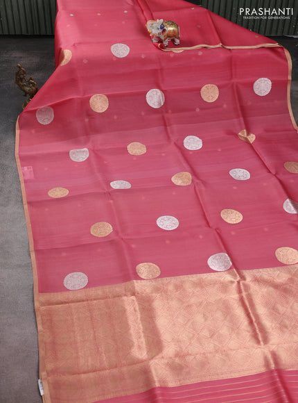 Banarasi organza silk saree peach pink with rudraksha silver & gold zari woven buttas and zari woven border