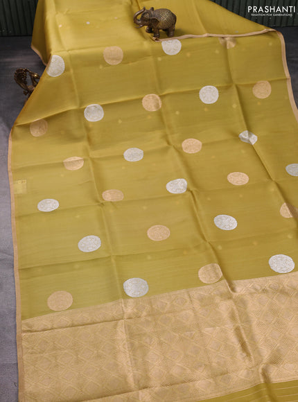 Banarasi organza silk saree pale yellow with rudraksha silver & gold zari woven buttas and zari woven border
