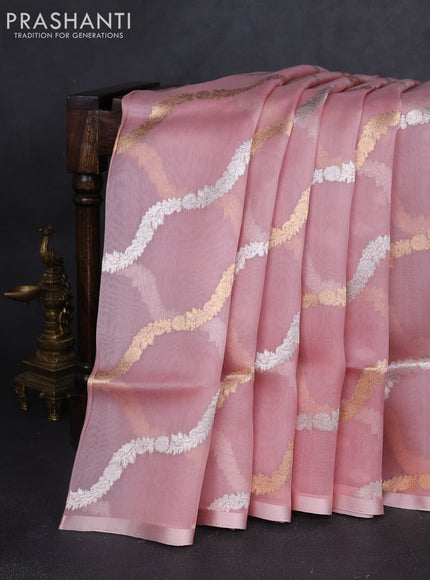 Banarasi organza silk saree pastel pink with allover silver & zari weaves and simple border