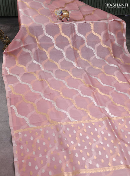 Banarasi organza silk saree pastel pink with allover silver & zari weaves and simple border