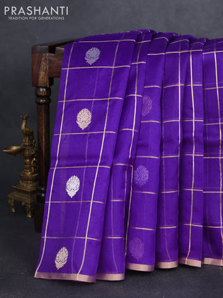 Banarasi organza silk saree violet with allover zari checks & buttas and zari woven border