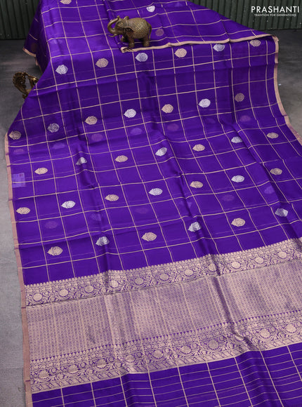 Banarasi organza silk saree violet with allover zari checks & buttas and zari woven border