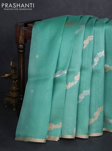 Banarasi organza silk saree teal green with allover silver & zari weaves and zari woven border