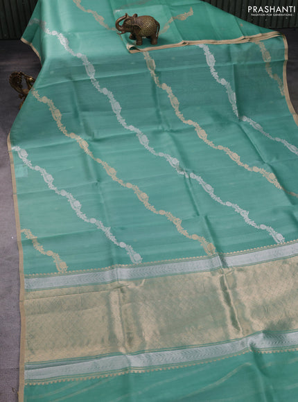 Banarasi organza silk saree teal green with allover silver & zari weaves and zari woven border
