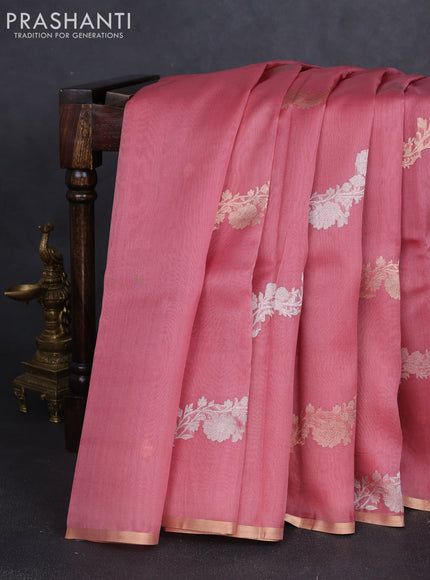 Banarasi organza silk saree peach pink with allover silver & zari weaves and zari woven border