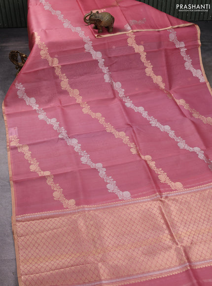 Banarasi organza silk saree peach pink with allover silver & zari weaves and zari woven border