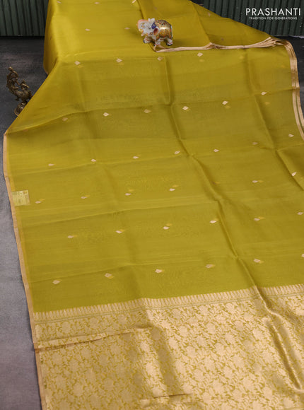 Banarasi organza silk saree lime green with zari woven buttas and zari wove border