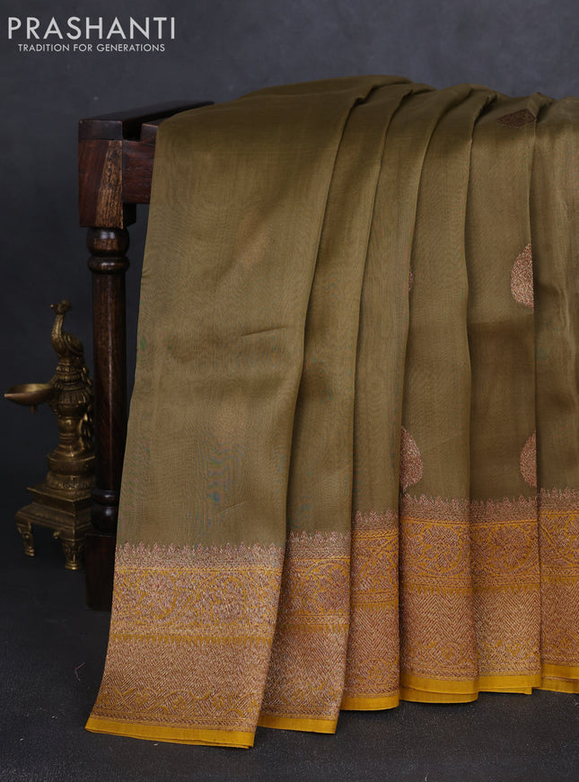 Banarasi organza silk saree mehendi green and yellow with allover thread & zari woven buttas and thread & zari woven border