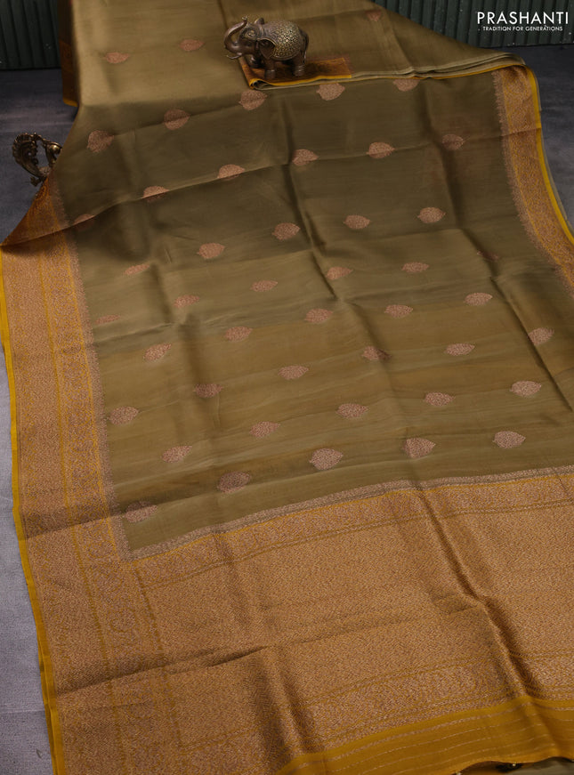 Banarasi organza silk saree mehendi green and yellow with allover thread & zari woven buttas and thread & zari woven border
