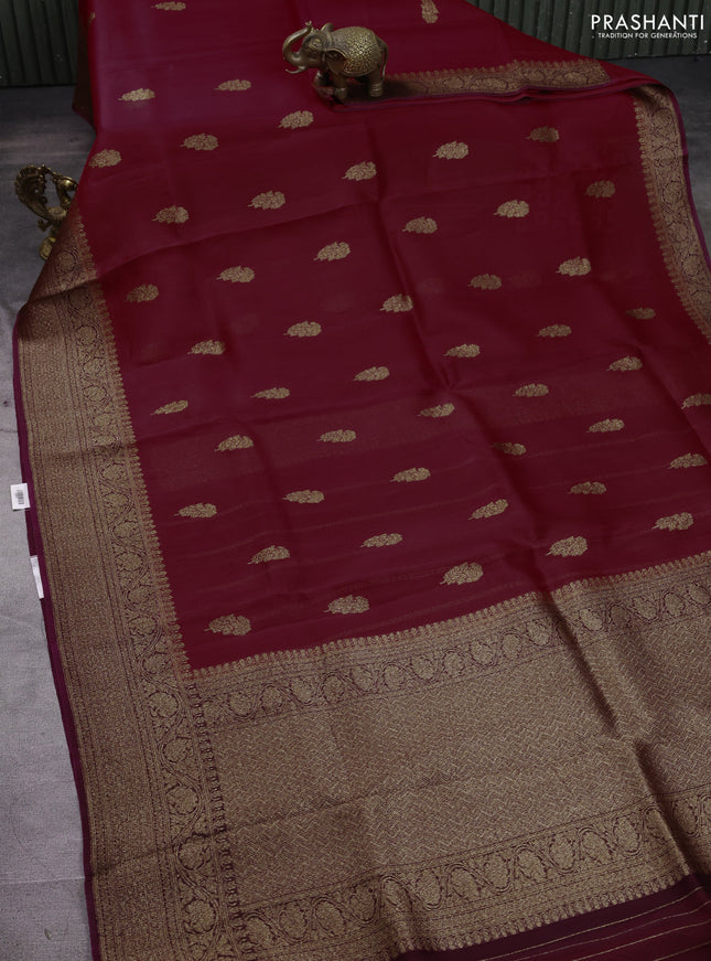 Banarasi organza silk saree maroon and wine shade with allover thread & zari woven buttas and thread & zari woven border