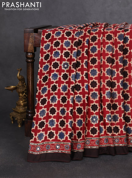 Modal silk saree maroon beige and coffee brown with allover ajrakh prints & sequin work and sequin embroidered work pallu