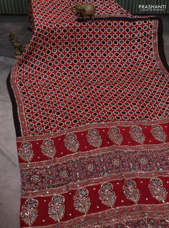 Modal silk saree maroon beige and coffee brown with allover ajrakh prints & sequin work and sequin embroidered work pallu