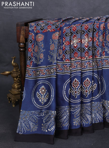 Modal silk saree indigo blue and black with allover ajrakh prints & sequin work and sequin embroidered work pallu