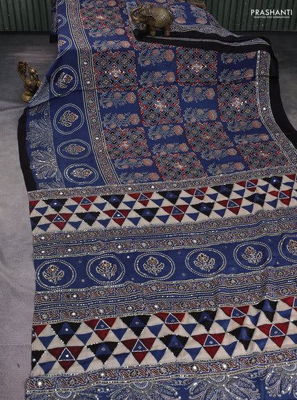 Modal silk saree indigo blue and black with allover ajrakh prints & sequin work and sequin embroidered work pallu
