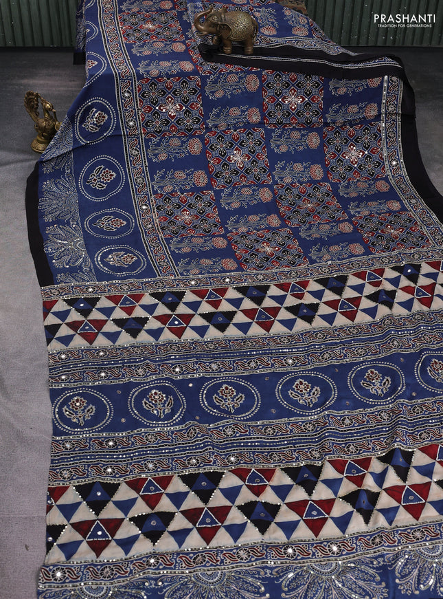 Modal silk saree indigo blue and black with allover ajrakh prints & sequin work and sequin embroidered work pallu