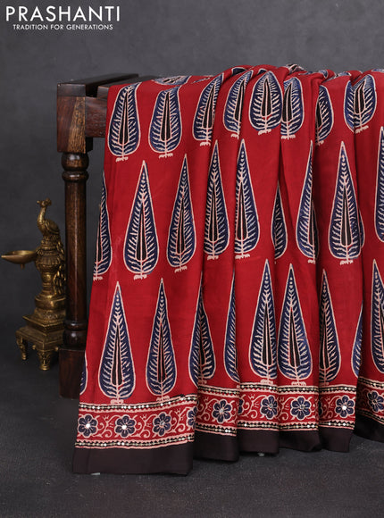Modal silk saree maroon and coffee brown with allover ajrakh prints & mirror work and sequin embroidered work pallu