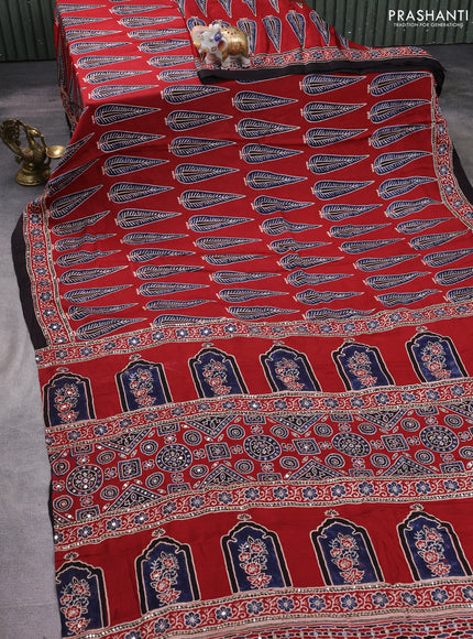 Modal silk saree maroon and coffee brown with allover ajrakh prints & mirror work and sequin embroidered work pallu