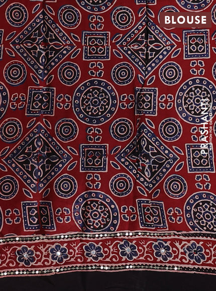 Modal silk saree maroon and coffee brown with allover ajrakh prints & mirror work and sequin embroidered work pallu