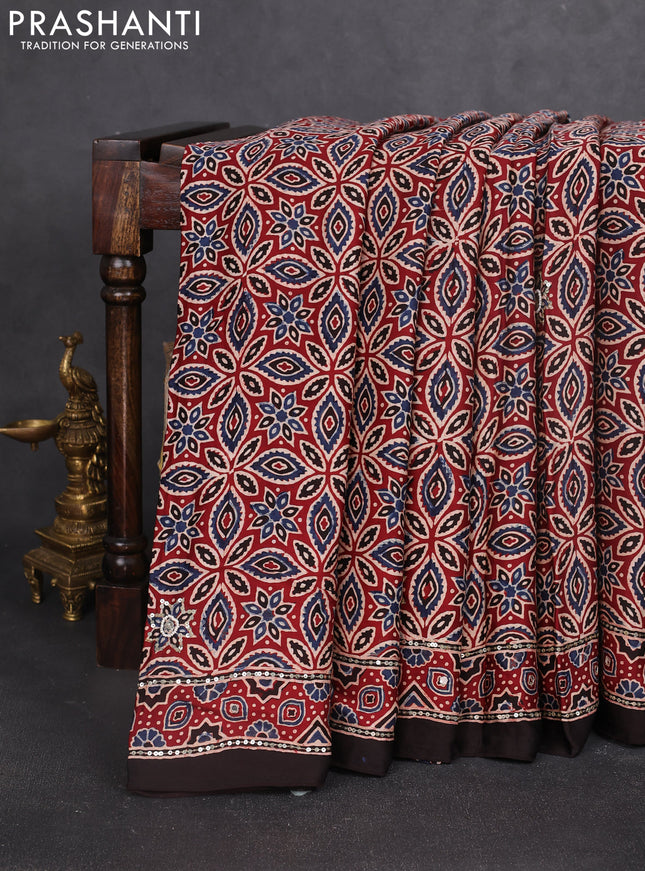 Modal silk saree maroon and coffee brown with allover ajrakh prints & sequin work and sequin embroidered work pallu