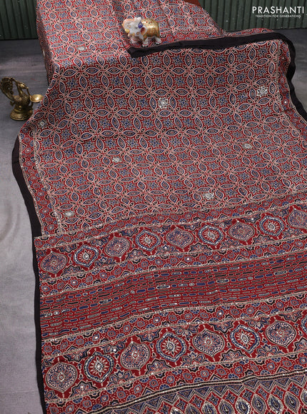 Modal silk saree maroon and coffee brown with allover ajrakh prints & sequin work and sequin embroidered work pallu