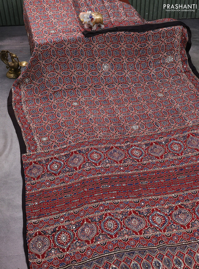 Modal silk saree maroon and coffee brown with allover ajrakh prints & sequin work and sequin embroidered work pallu