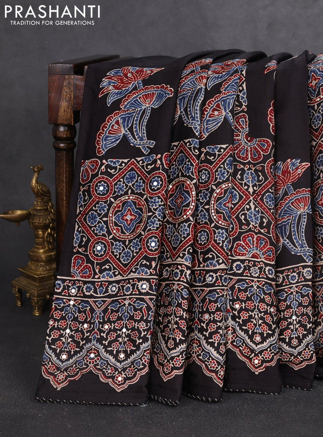 Modal silk saree black with allover ajrakh prints & sequin work and sequin embroidered work pallu