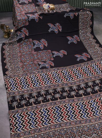 Modal silk saree black with allover ajrakh prints & sequin work and sequin embroidered work pallu