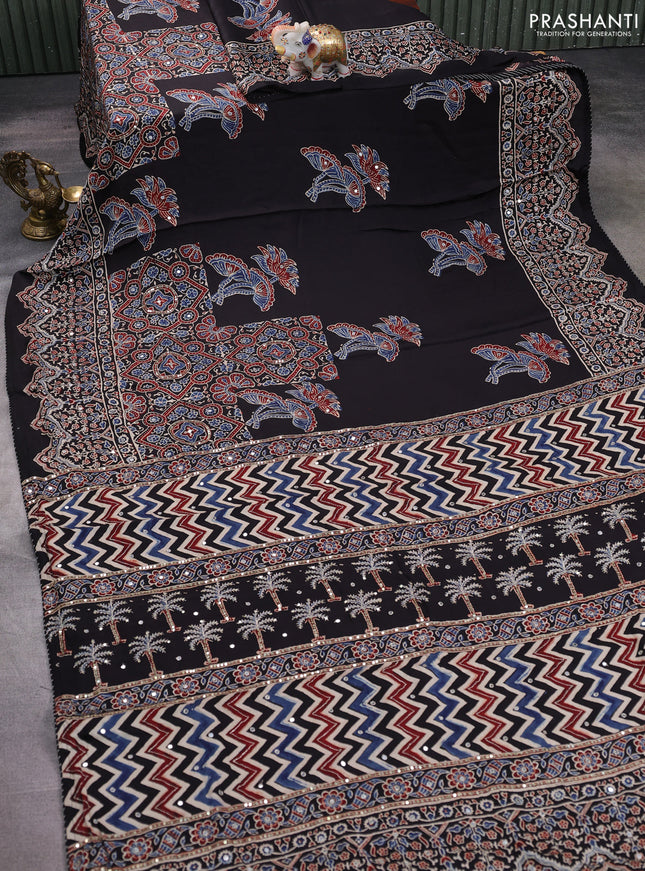 Modal silk saree black with allover ajrakh prints & sequin work and sequin embroidered work pallu