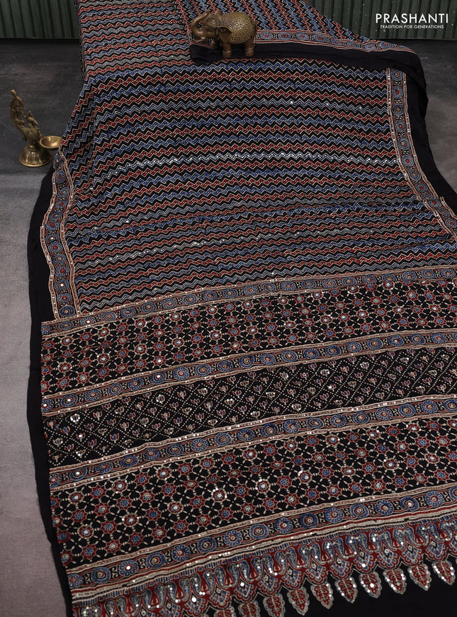 Modal silk saree black with allover ajrakh prints & sequin work and sequin embroidered work pallu