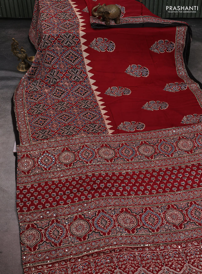 Modal silk saree maroon and coffee brown with allover ajrakh prints and sequin embroidered work pallu
