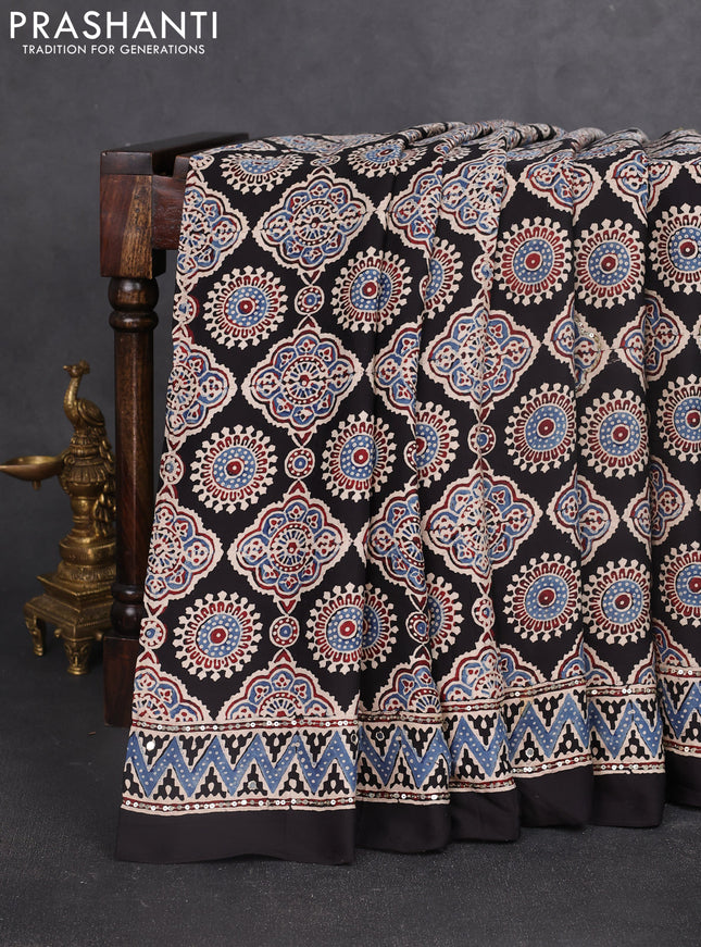 Modal silk saree black and beige with allover ajrakh prints & sequin work and sequin embroidered work pallu