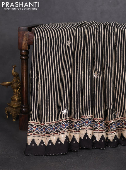 Modal silk saree sandal and black with allover ajrakh prints and sequin embroidered work pallu