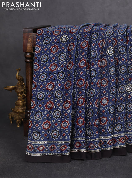 Modal silk saree blue and black with allover ajrakh prints & sequin work and sequin embroidered work pallu