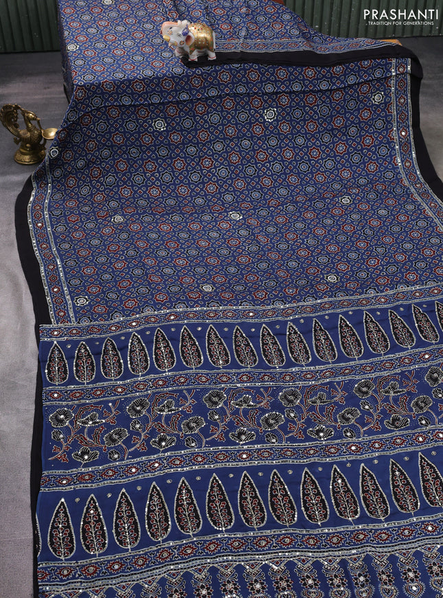 Modal silk saree blue and black with allover ajrakh prints & sequin work and sequin embroidered work pallu